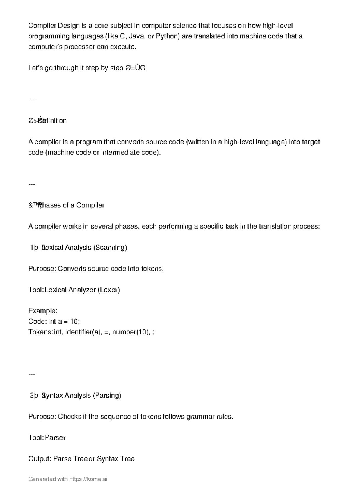 Compiler Design (CS101): Phases, Concepts, and Applications - Studocu