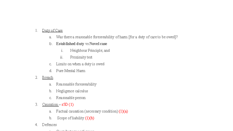 LAWS1203 Final Exam Notes on Duty of Care and Negligence - Studocu