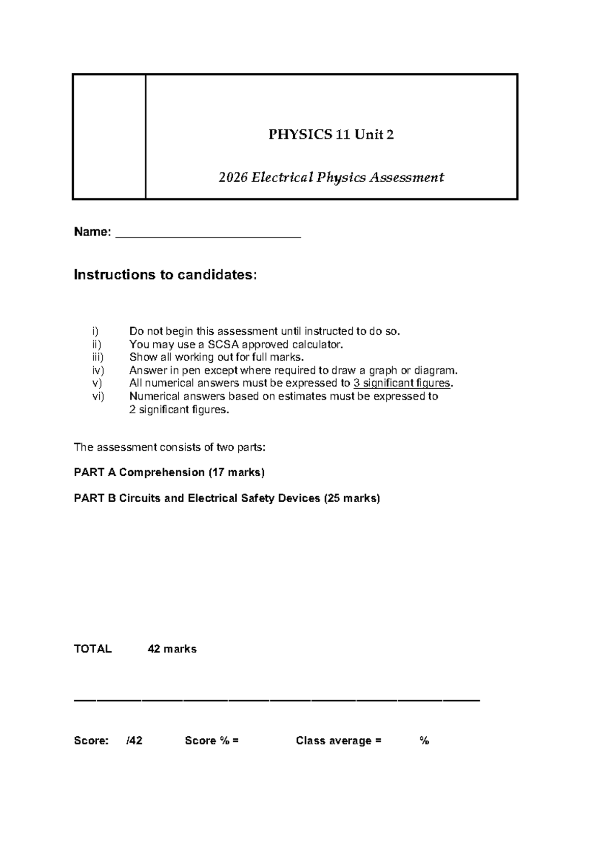 PHYSICS 11 Unit 2 2024 Electrical Physics Assessment Guide - Studocu