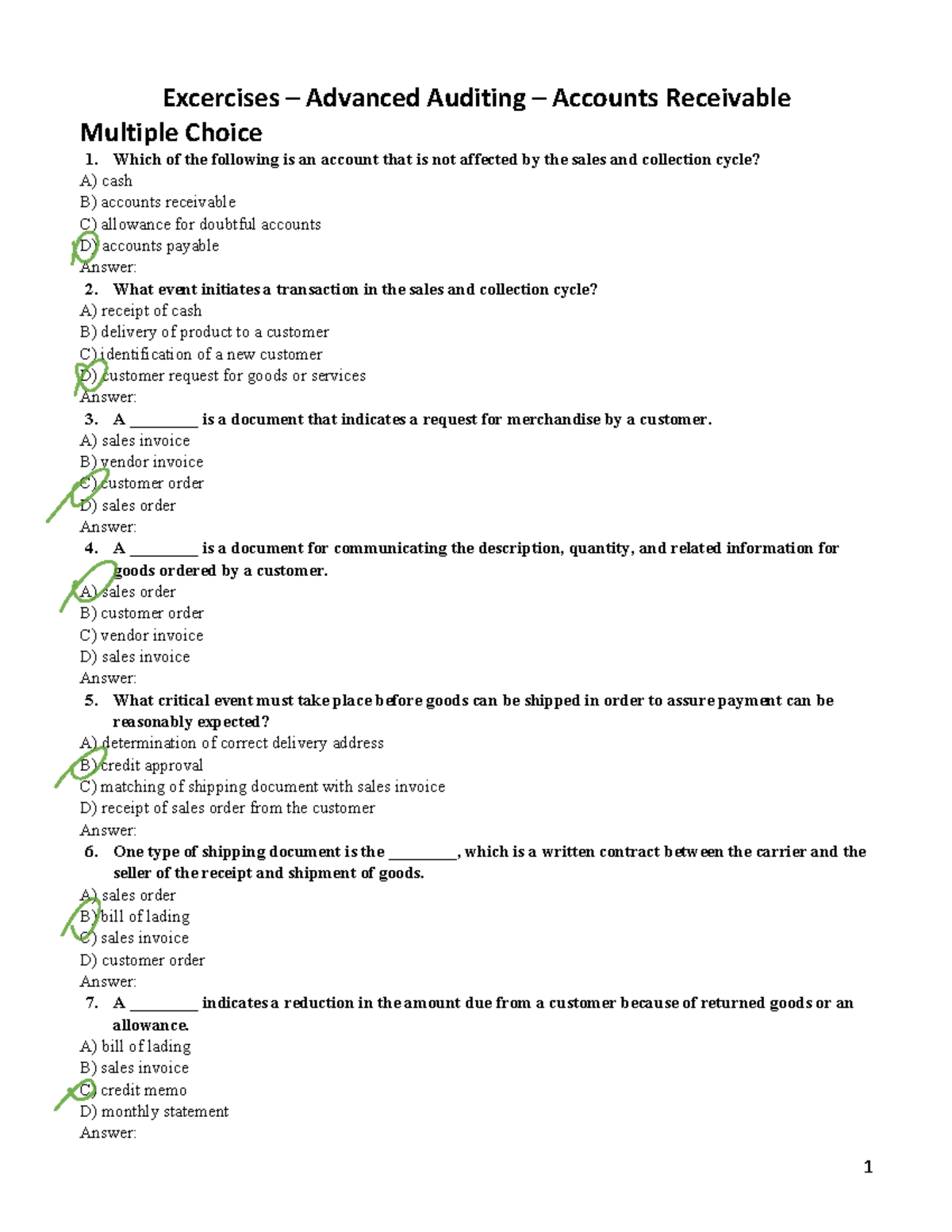 Advanced Auditing (ACCT 401) - Accounts Receivable MCQs Exercise - Studocu