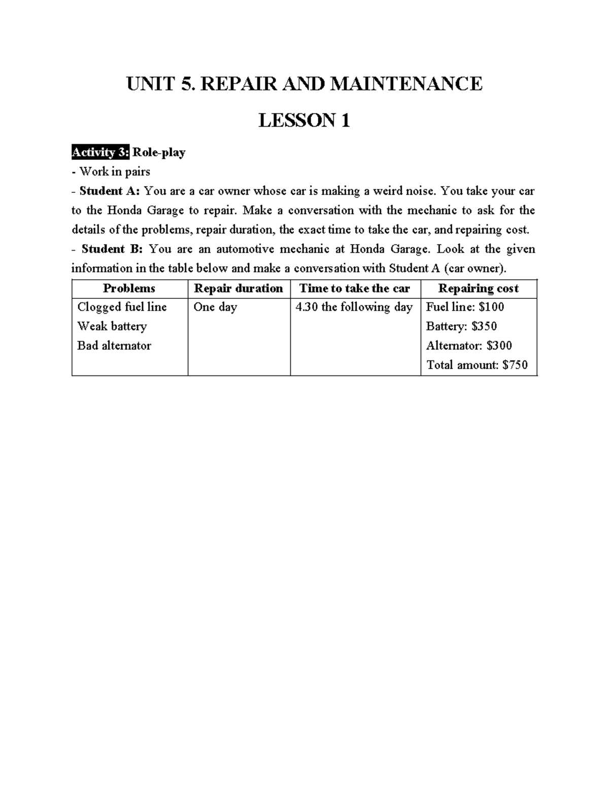 Unit 5-Leson 1 - card nói - UNIT 5. REPAIR AND MAINTENANCE LESSON 1 ...
