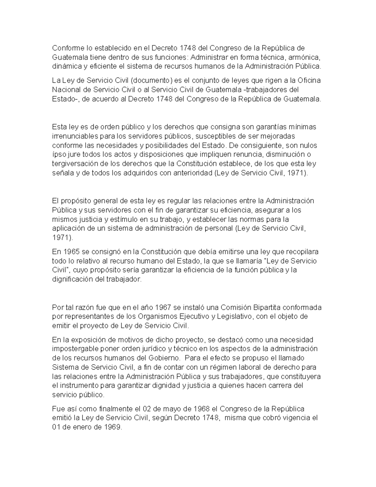 Ley de Servicio Civil y su Aplicación según el Decreto 1748 en Guatemala - Document Preview