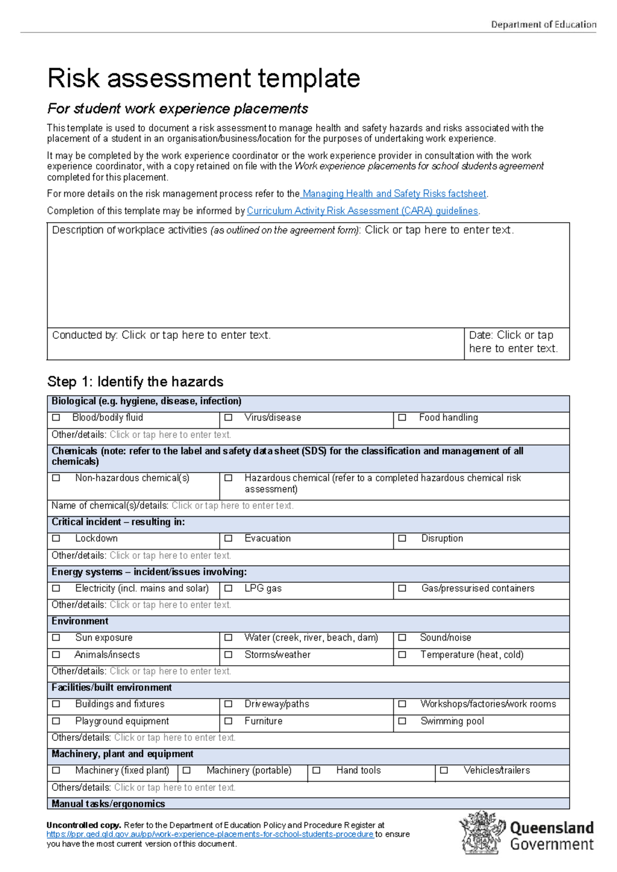 Risk Assessment Template for IA2 Student Work Experience - Studocu