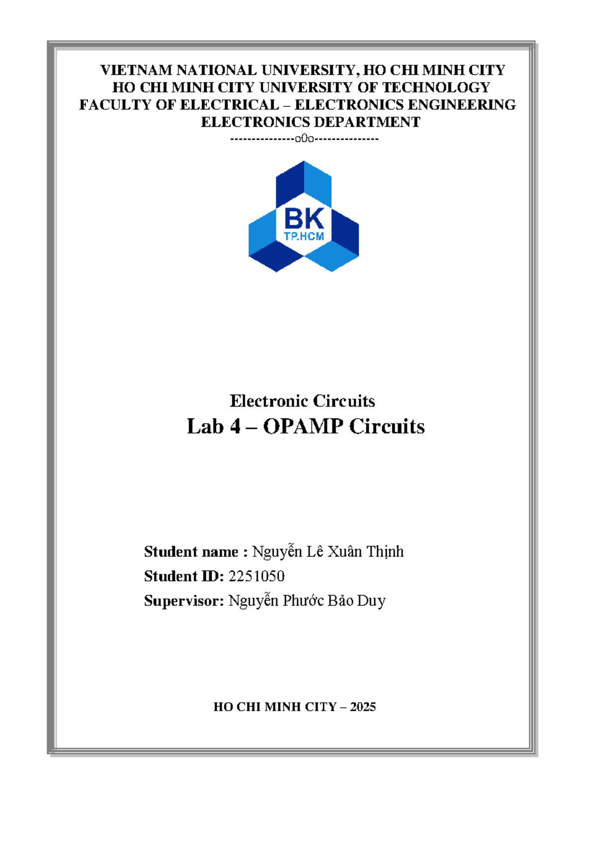 Lab 4: OPAMP Circuits Experiment Report - Electronic Circuits - Studocu