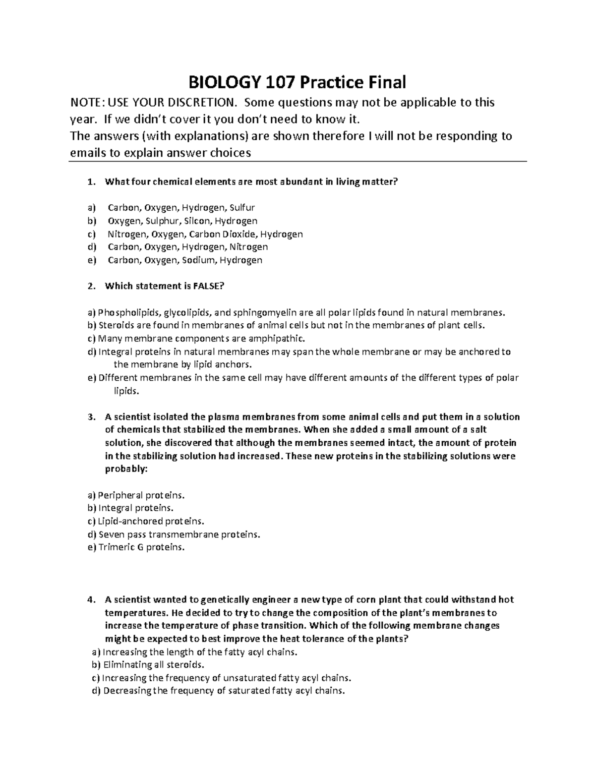 Biology 107 Practice Final Exam Study Guide - Studocu