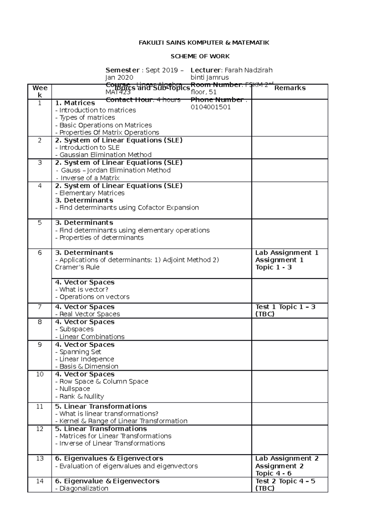 SOW MAT423 - Scheme of Work for Linear Algebra (Sept 2019 - Jan 2020 ...