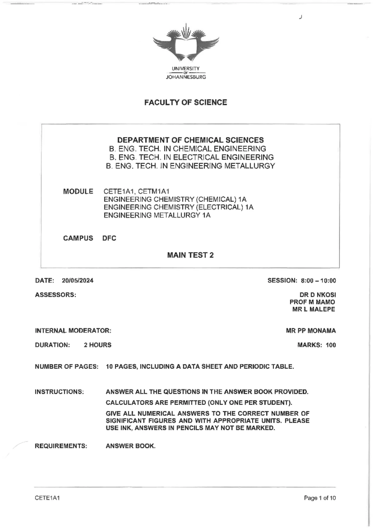 MAIN TEST 2 MEMO - Test 2 memo - ,,,,- UN IVERSITY OF - JOHANNESBURG ...
