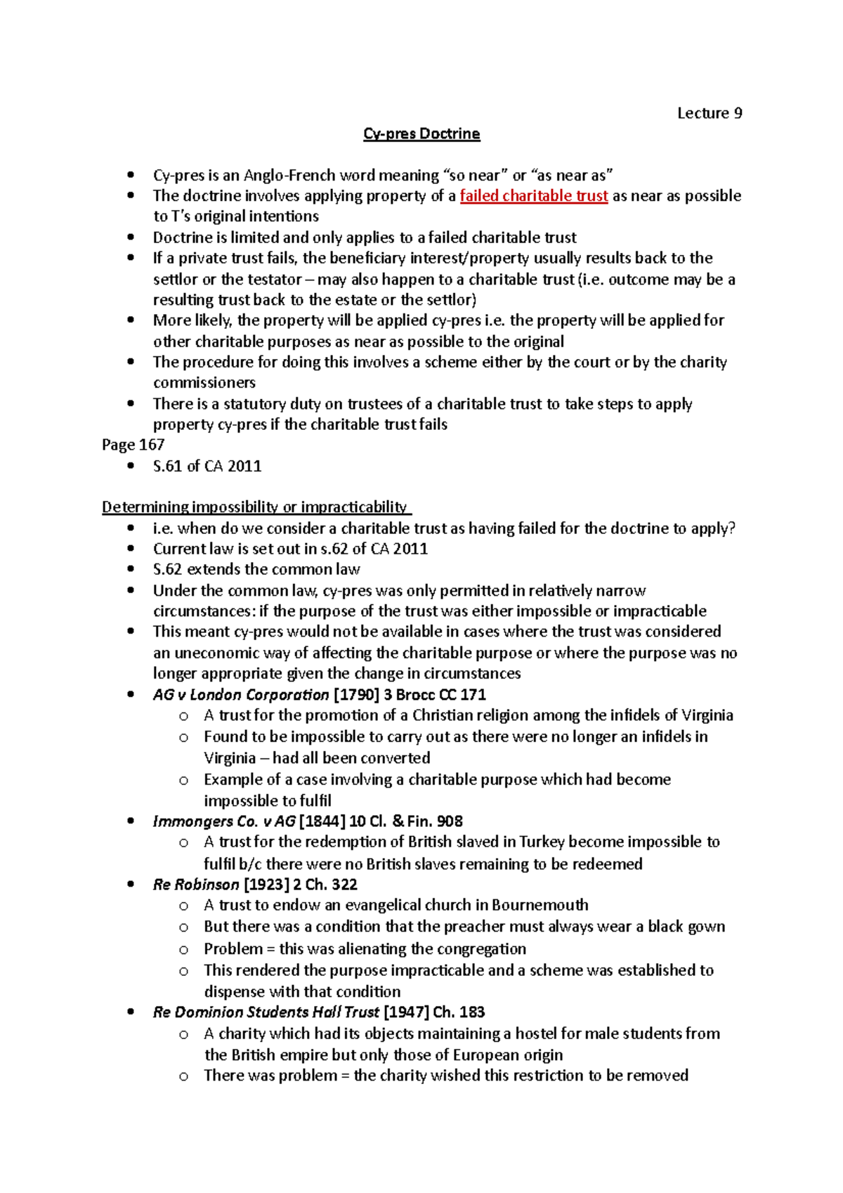 Lecture 9 - Cy-Pres Doctrine and Its Applications in Charity Law - Studocu