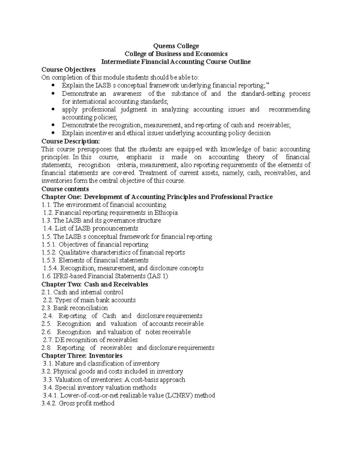 Intermediate Accounting (ACCT 301) Course Outline and Objectives - Studocu