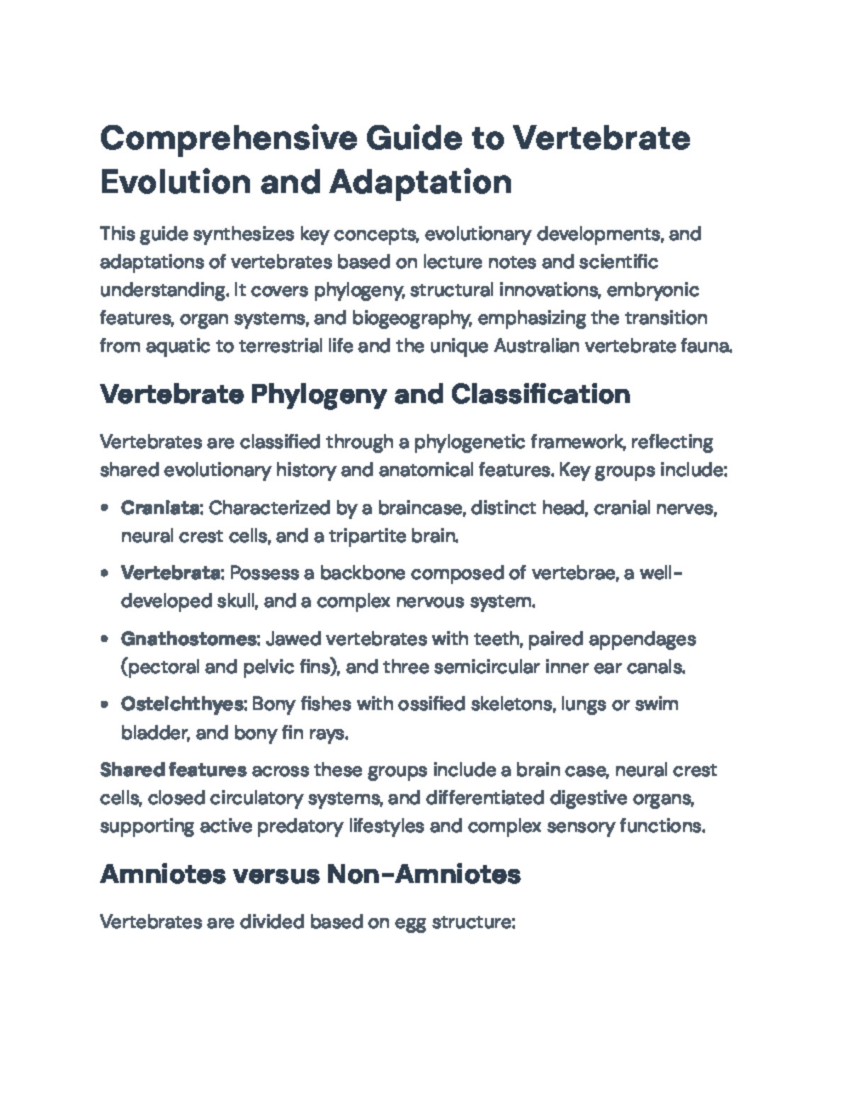 Comprehensive Overview of Vertebrate Evolution and Adaptation (BIO 101 ...