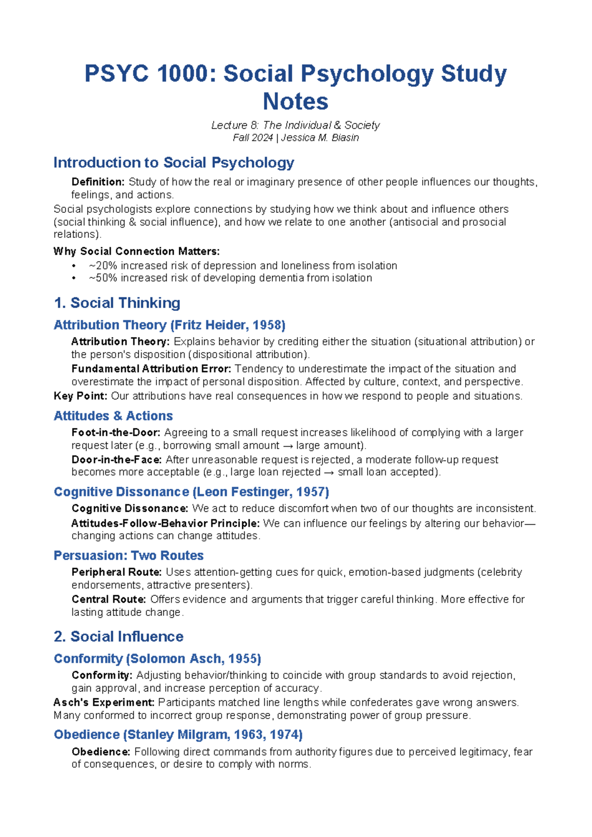 PSYC1000 Social Psychology Lecture 8 Study Notes: The Individual ...