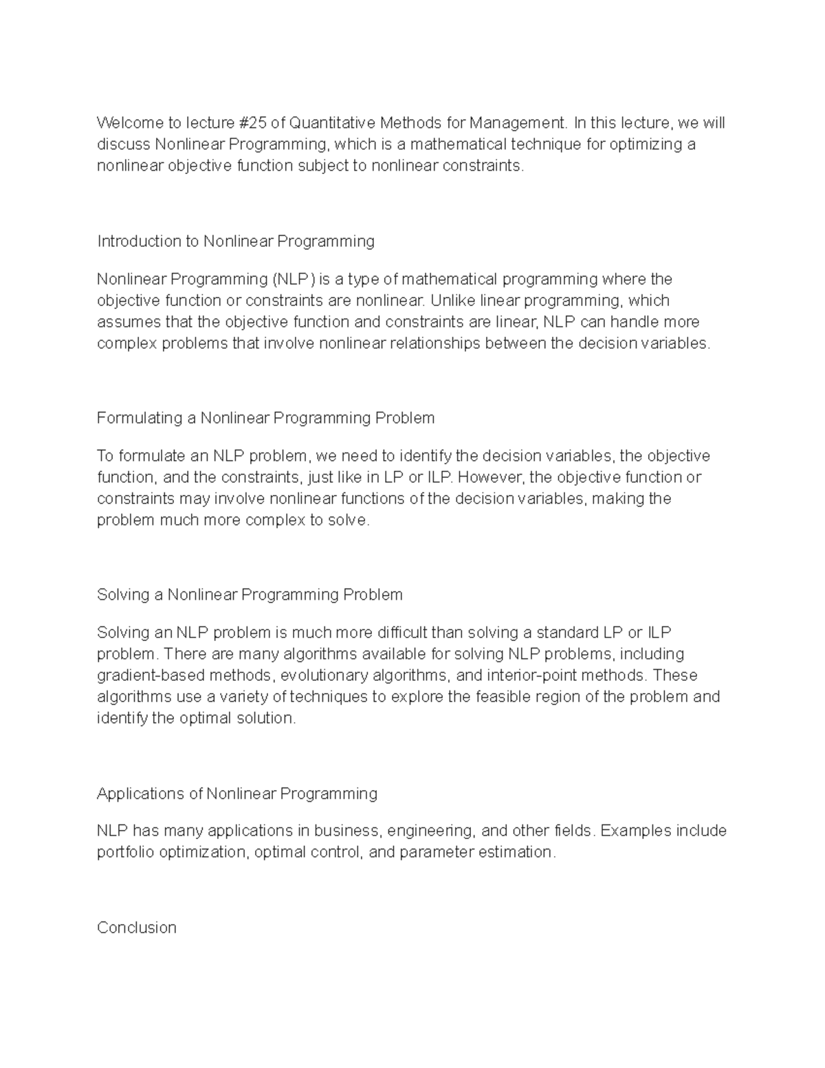 Lecture #25: Exploring Nonlinear Programming Techniques in Management ...