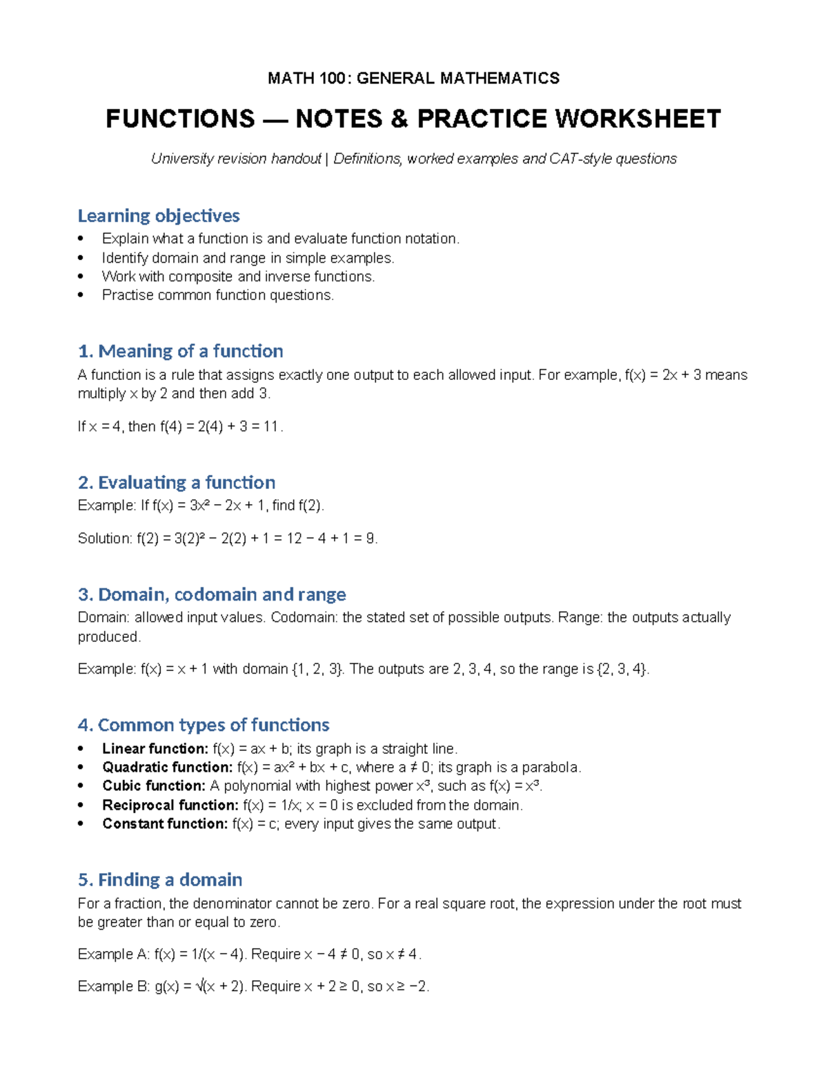 MATH 100: Functions Notes & Practice Worksheet for Revision - Studocu