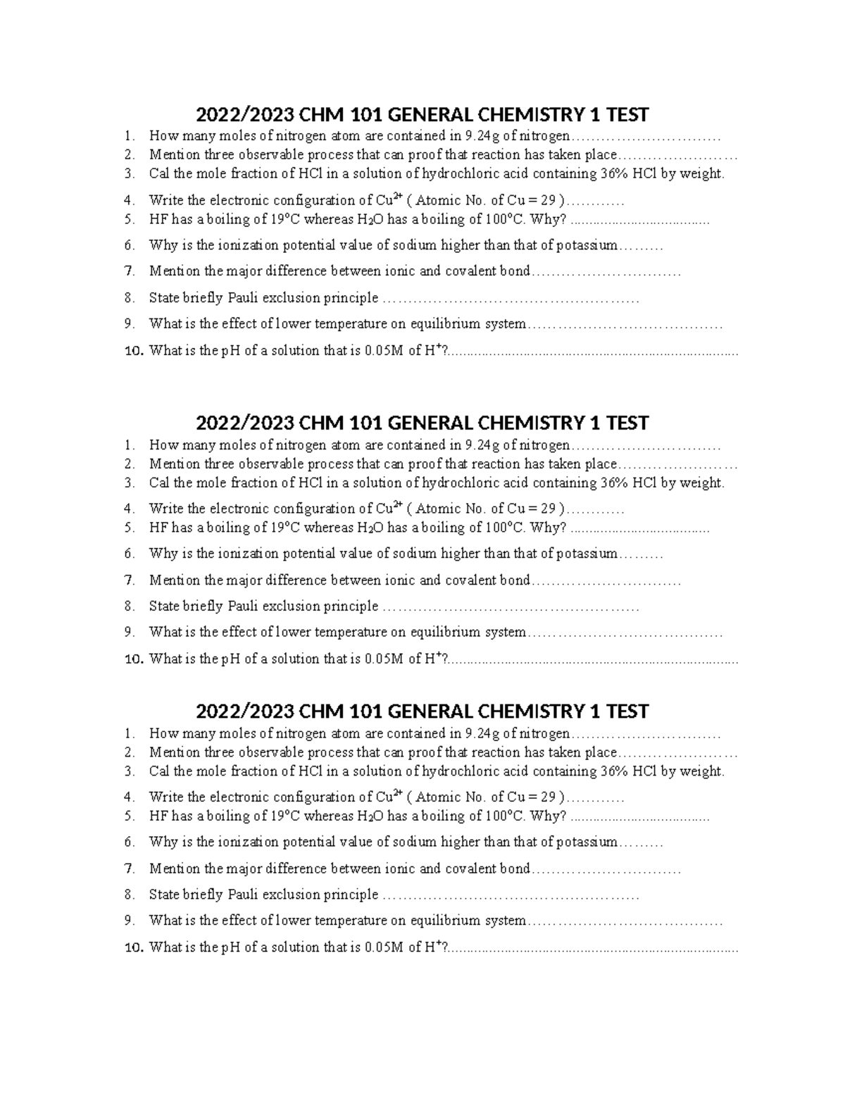 CHM 101 GENERAL CHEMISTRY 1 TEST 1 - Past Exam Questions - Studocu ...