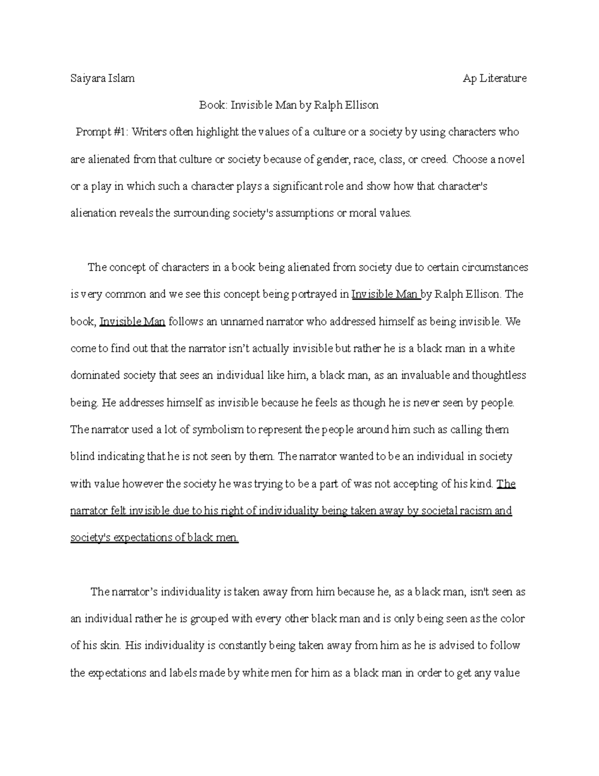 AP Literature Essay 1: Alienation in Ralph Ellison's Invisible Man ...