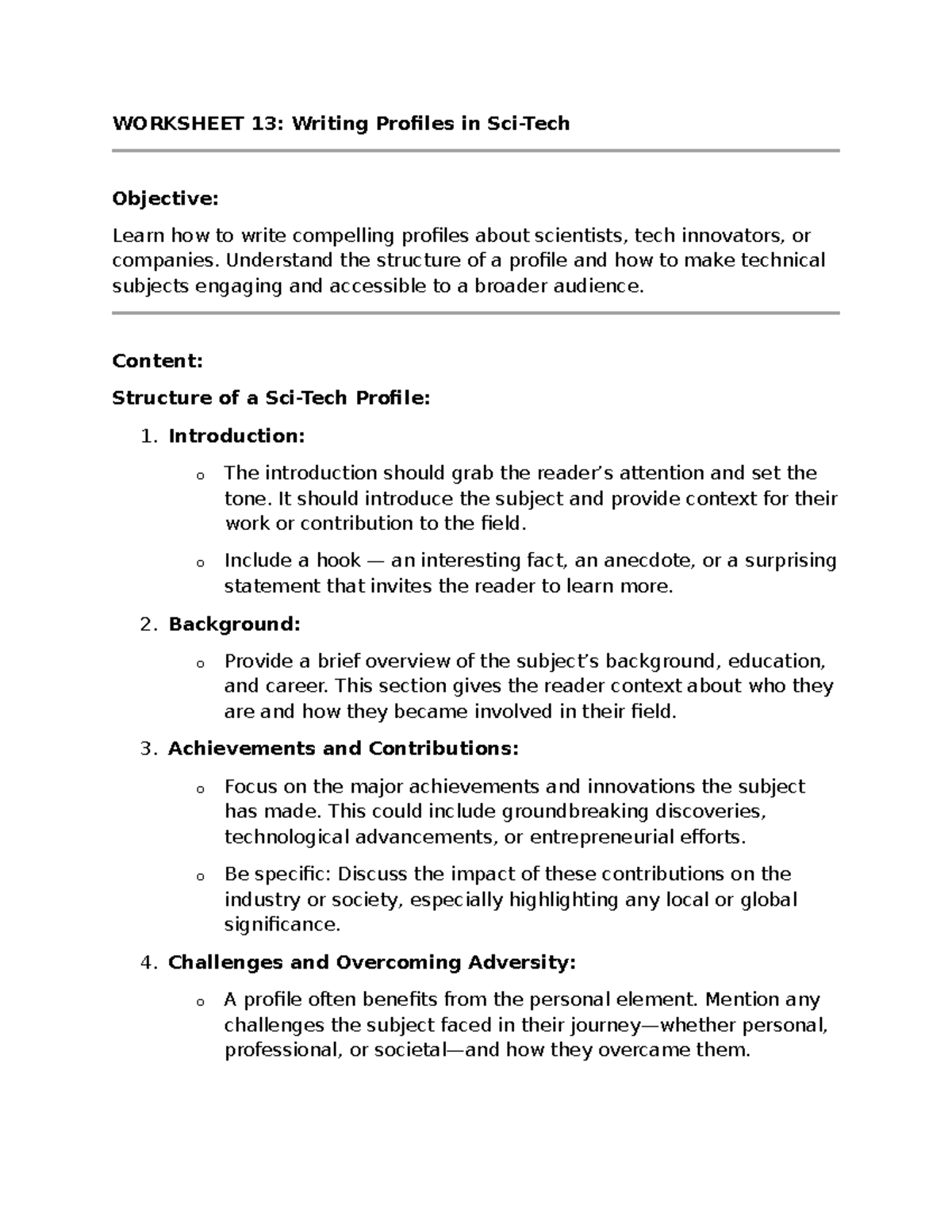 Worksheet 13 - WORKSHEET 13: Writing Profiles in Sci-Tech Objective ...