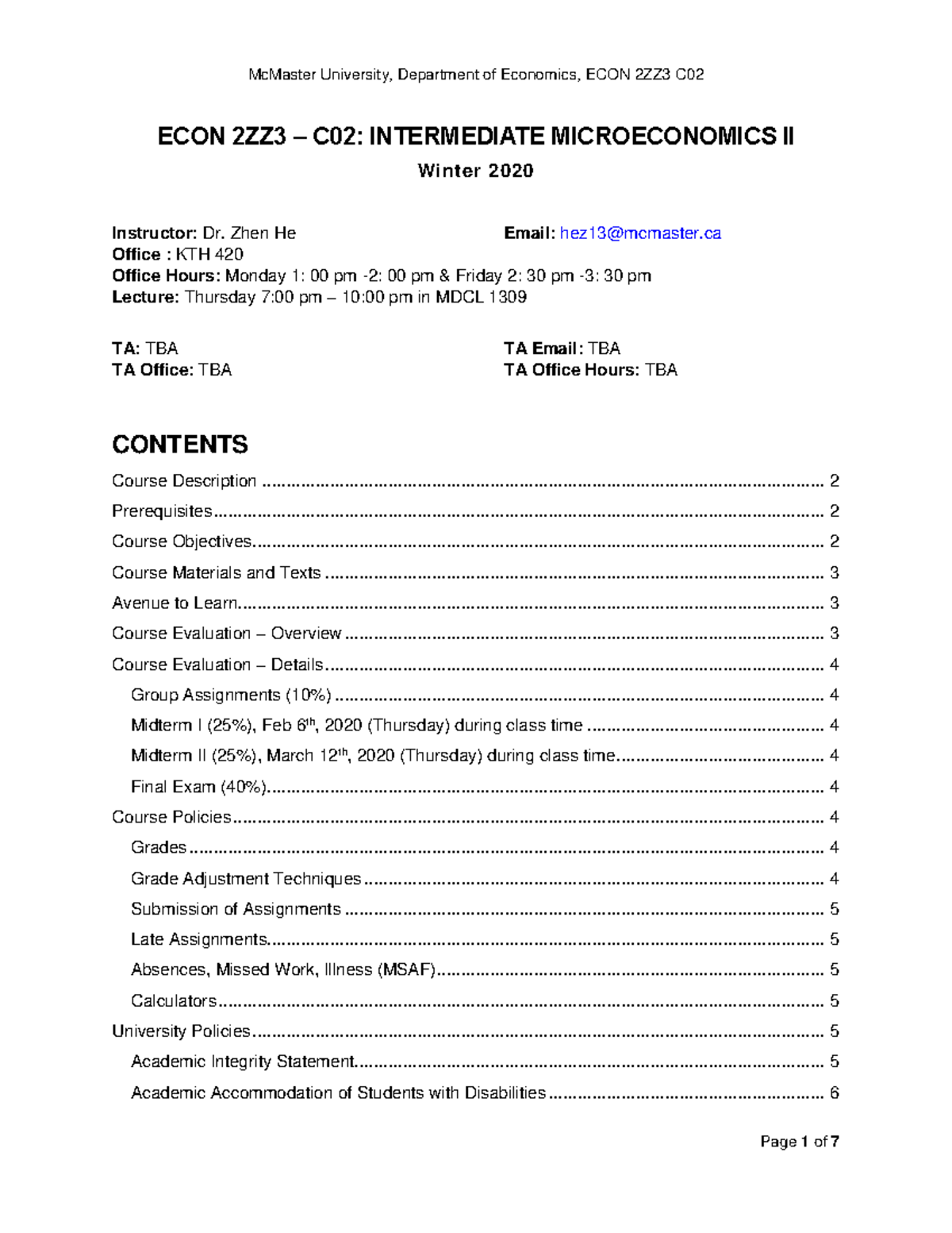 ECON 2ZZ3 C02: Intermediate Microeconomics II Winter 2020 - Studocu