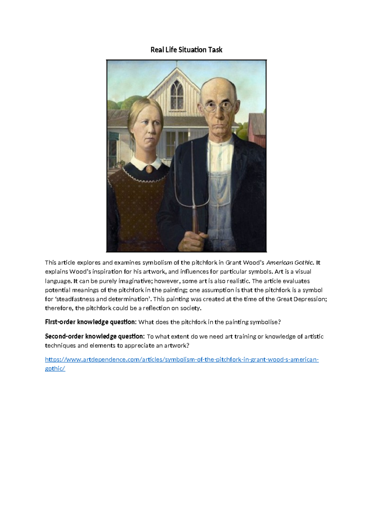 Symbolism of the Pitchfork in Grant Wood's American Gothic Task - Studocu