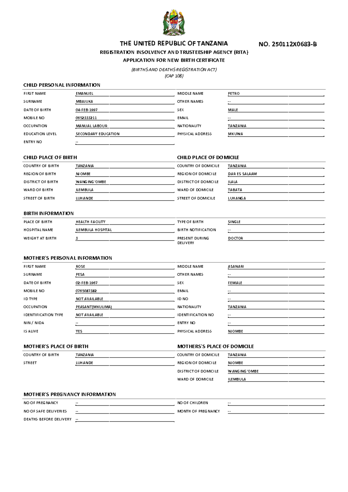Application for New Birth Certificate - RITA (20250112 B 840) - Studocu