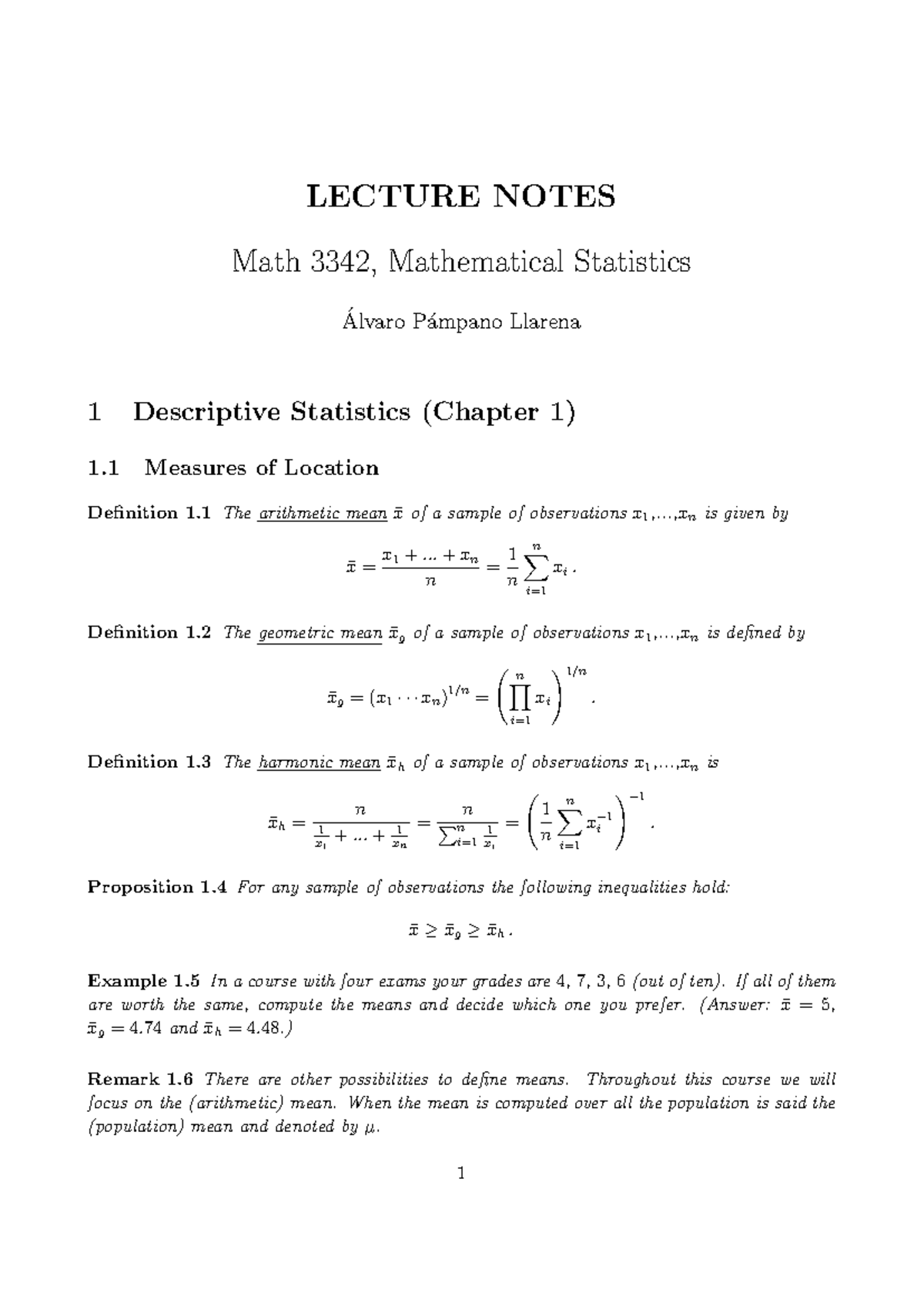 LECTURE NOTES Math 3342: Descriptive Statistics & Probability Concepts ...
