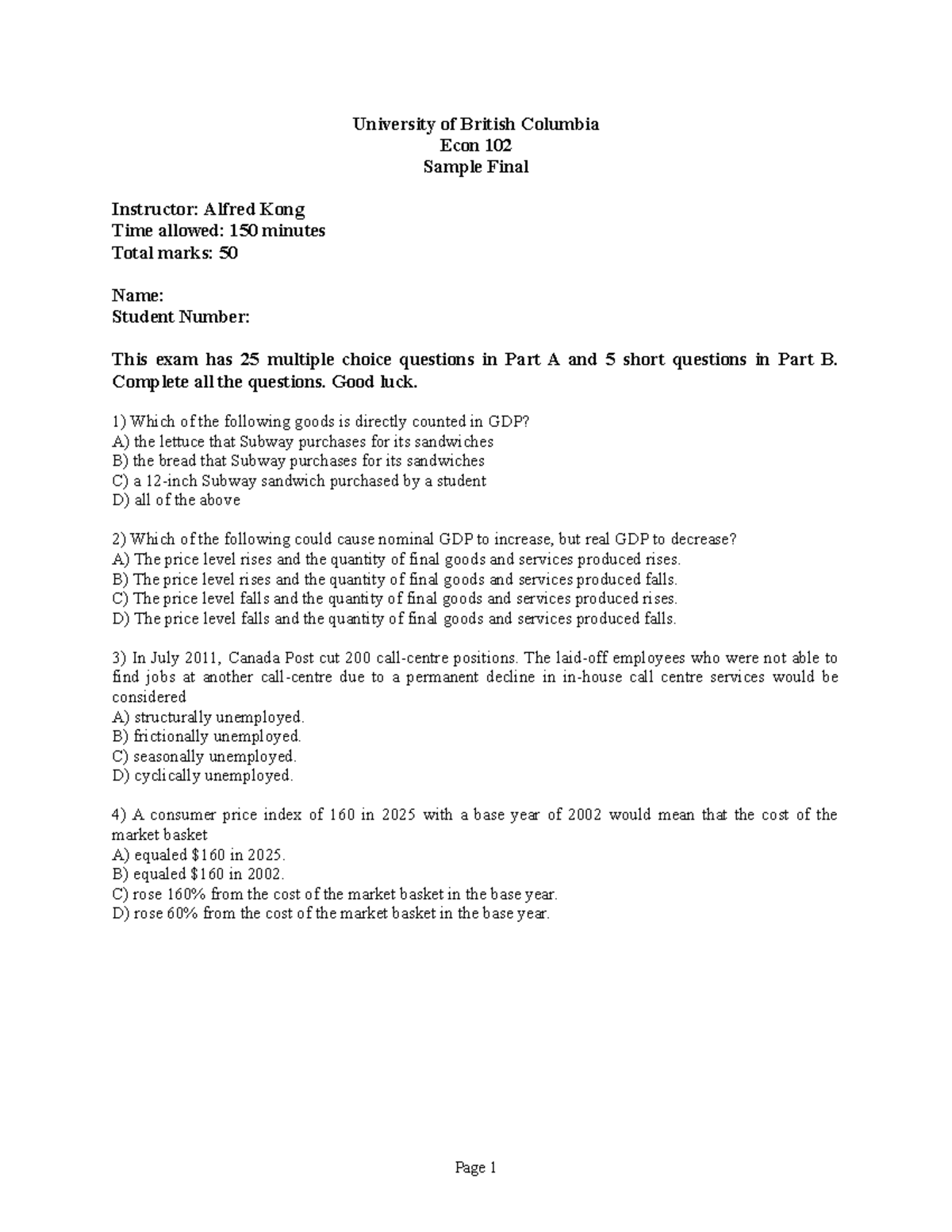 Econ102 Sample Final Exam: Multiple Choice & Short Answer Questions ...