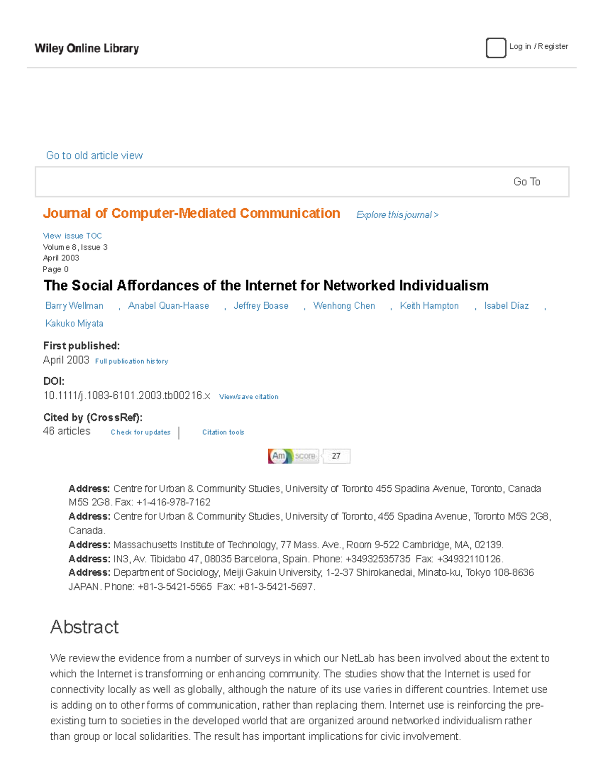 The Social Affordances of the Internet: Networked Individualism & E ...