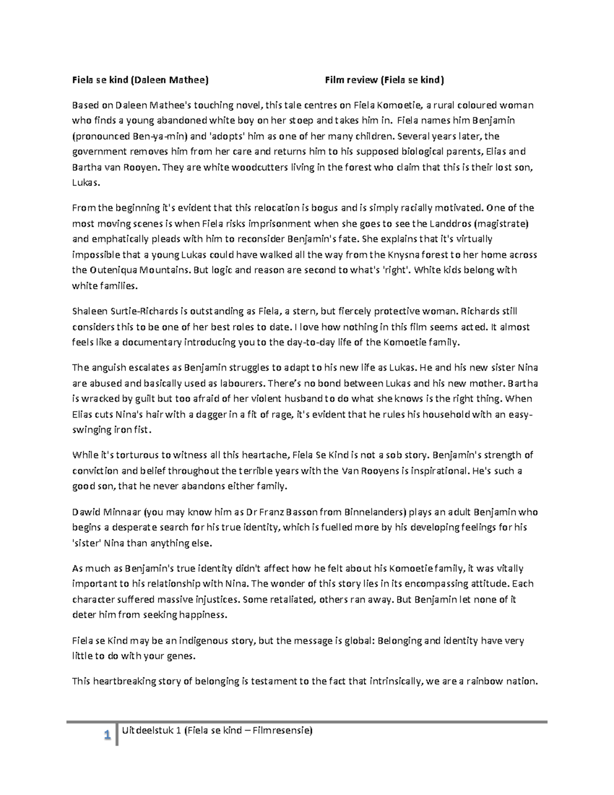 Fiela se Kind Film Review: A Heartbreaking Tale of Belonging - Studocu