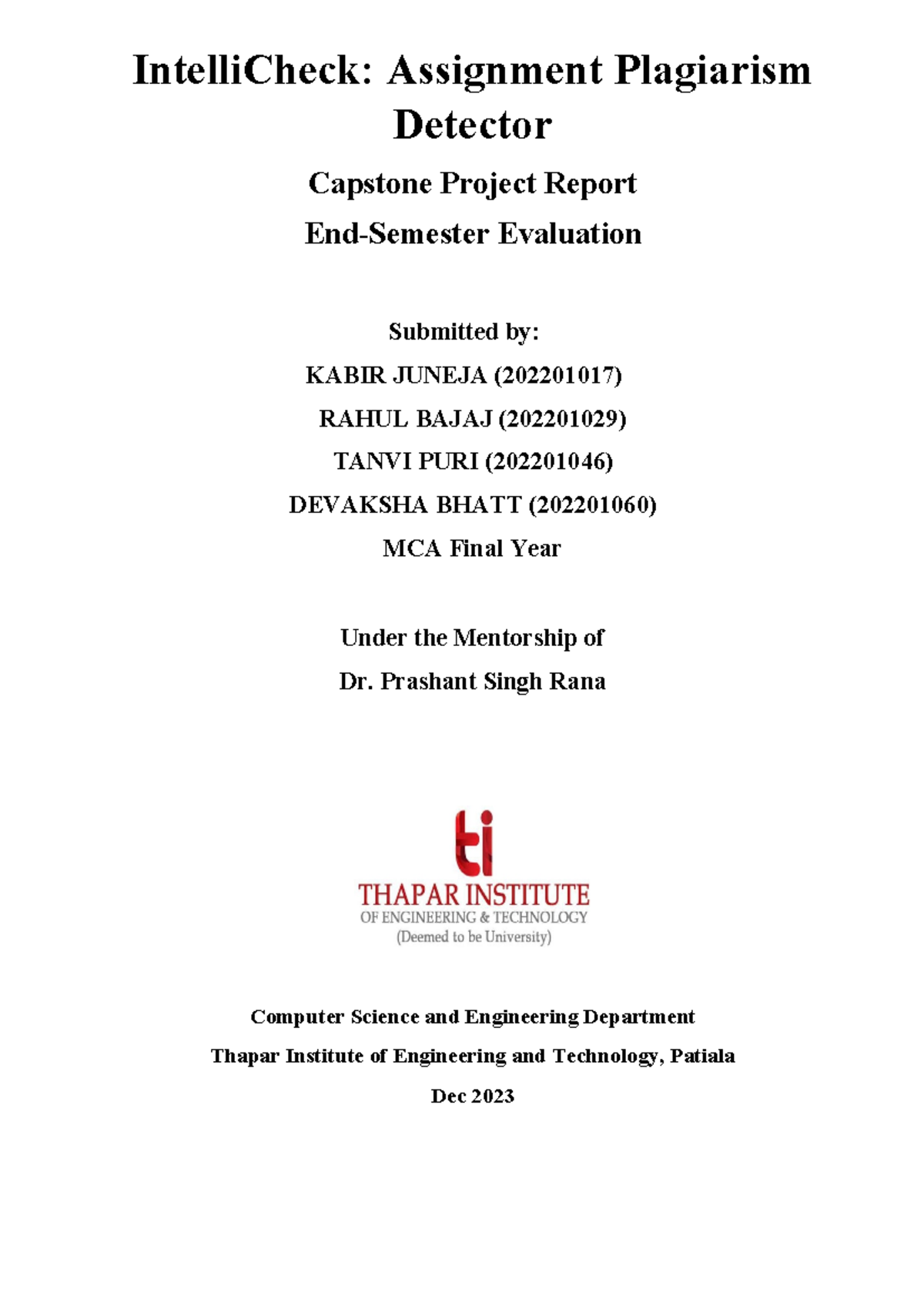 IntelliCheck: Capstone Project Final Evaluation - Plagiarism Detector ...