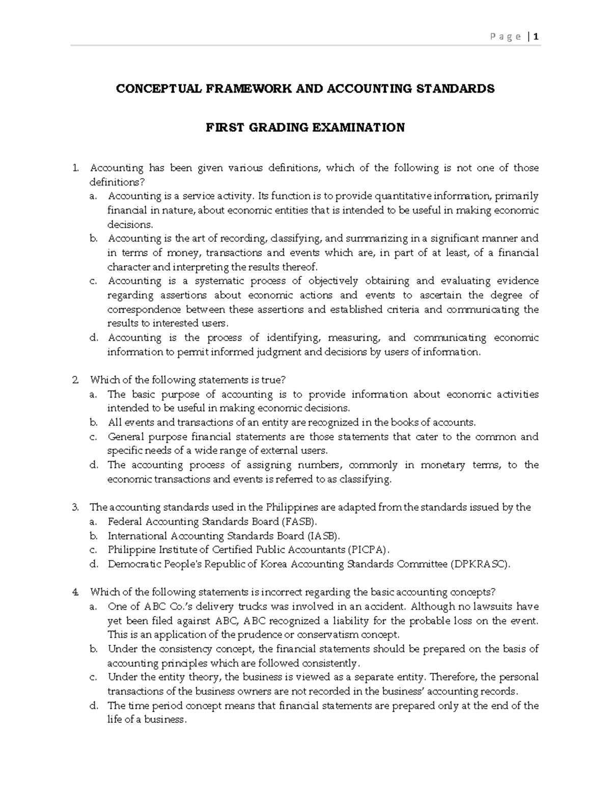 ACCT 101: Final Exam Review on Conceptual Framework & Standards - Studocu
