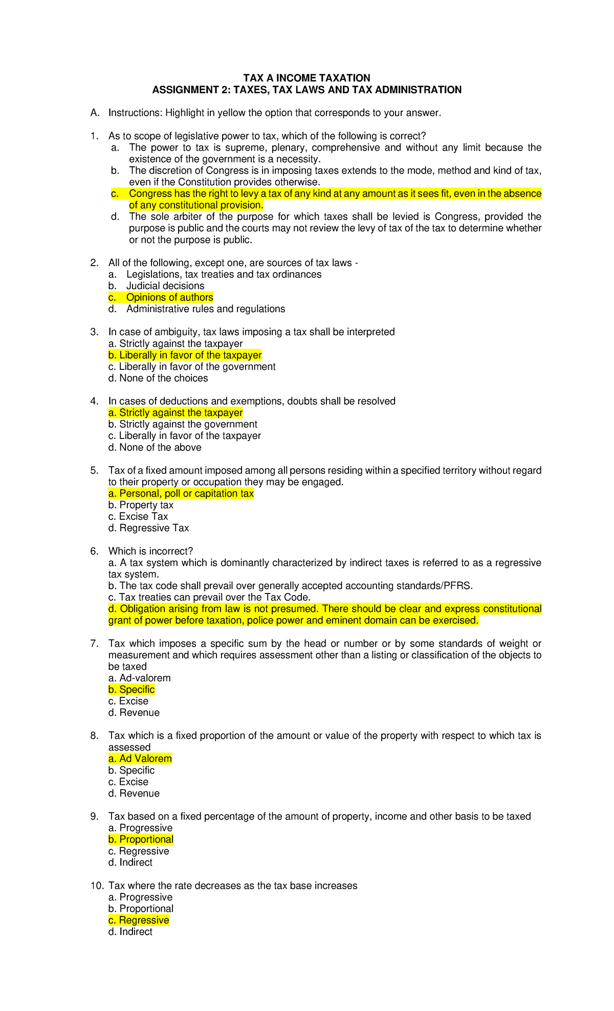 TAX A INCOME TAXATION ASSIGNMENT 2: TAX LAWS & ADMIN ANSWER KEY - Studocu
