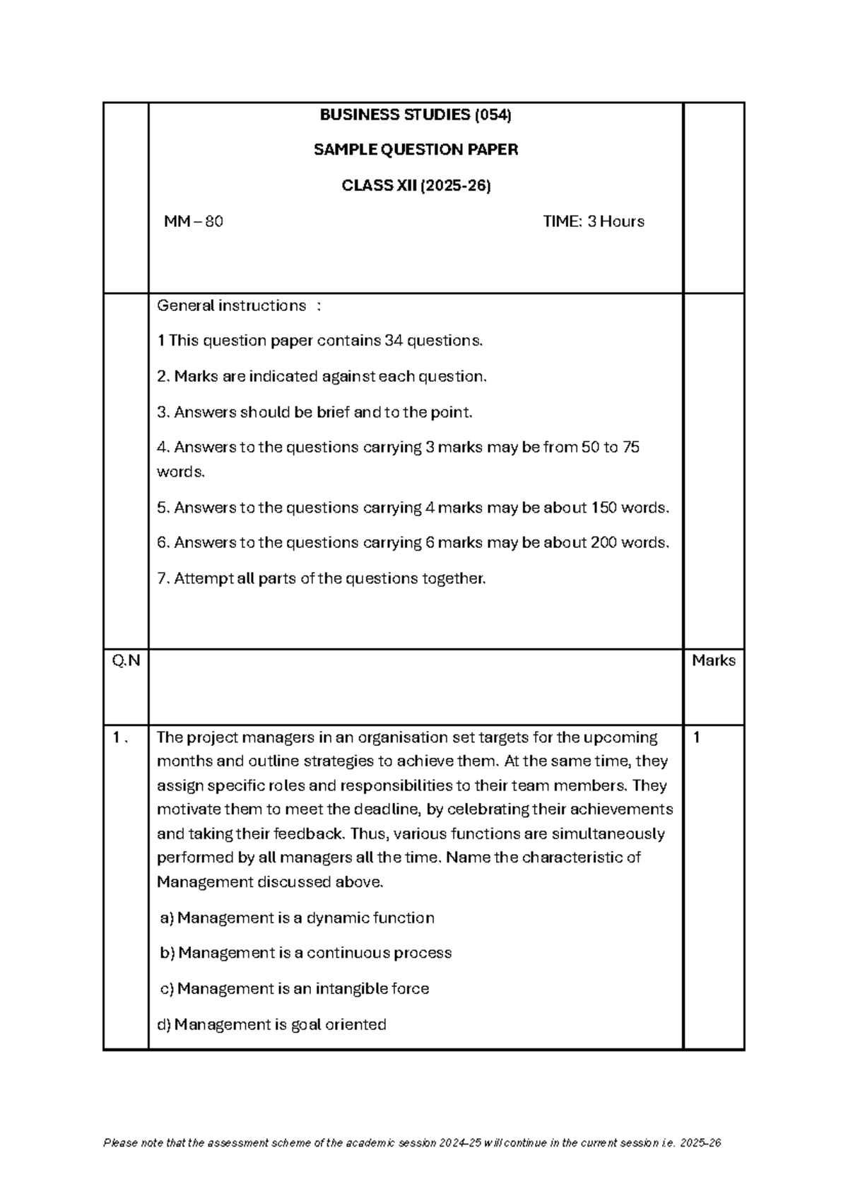 CBSE Class 12 Business Studies (054) Sample Question Paper 2026 - Studocu