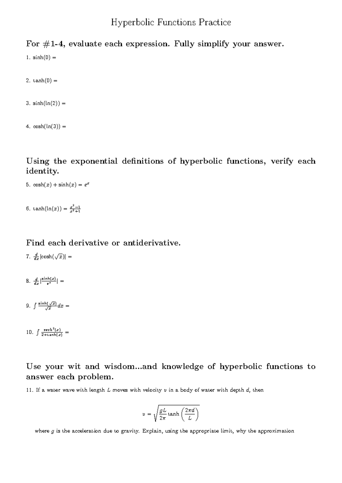Hyperbolic Functions Practice Problems and Solutions - Studocu