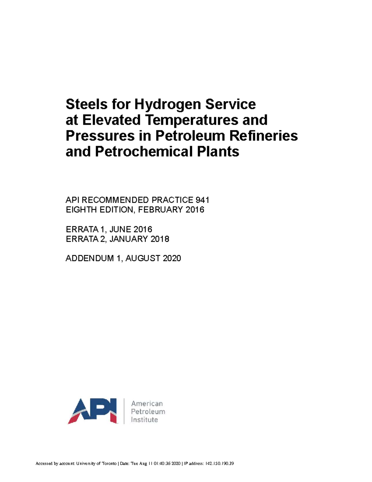 API RP 941: Steels for Hydrogen Service in Refineries & Petrochemical ...