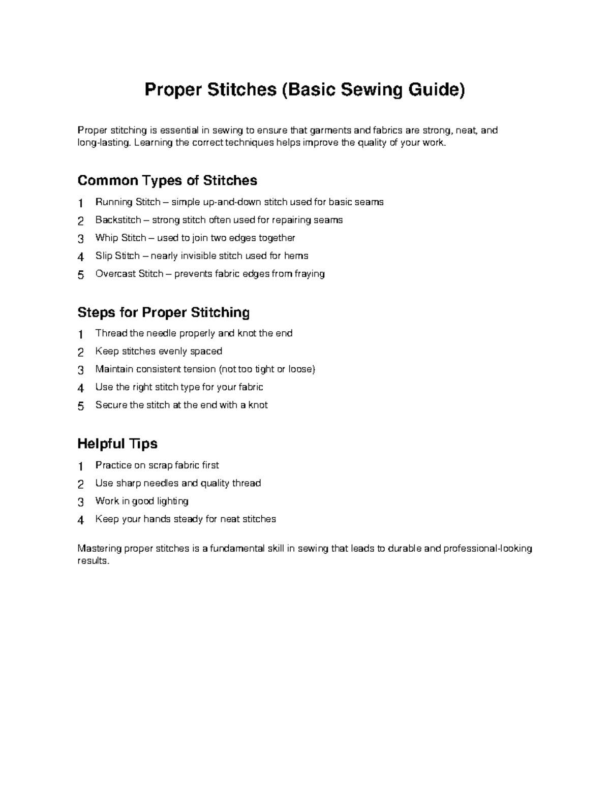 Basic Sewing Techniques: Proper Stitches Guide - Studocu