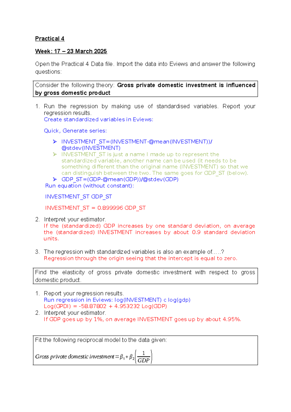 Practical 4 Memo: Regression Analysis of Investment & GDP - Studocu