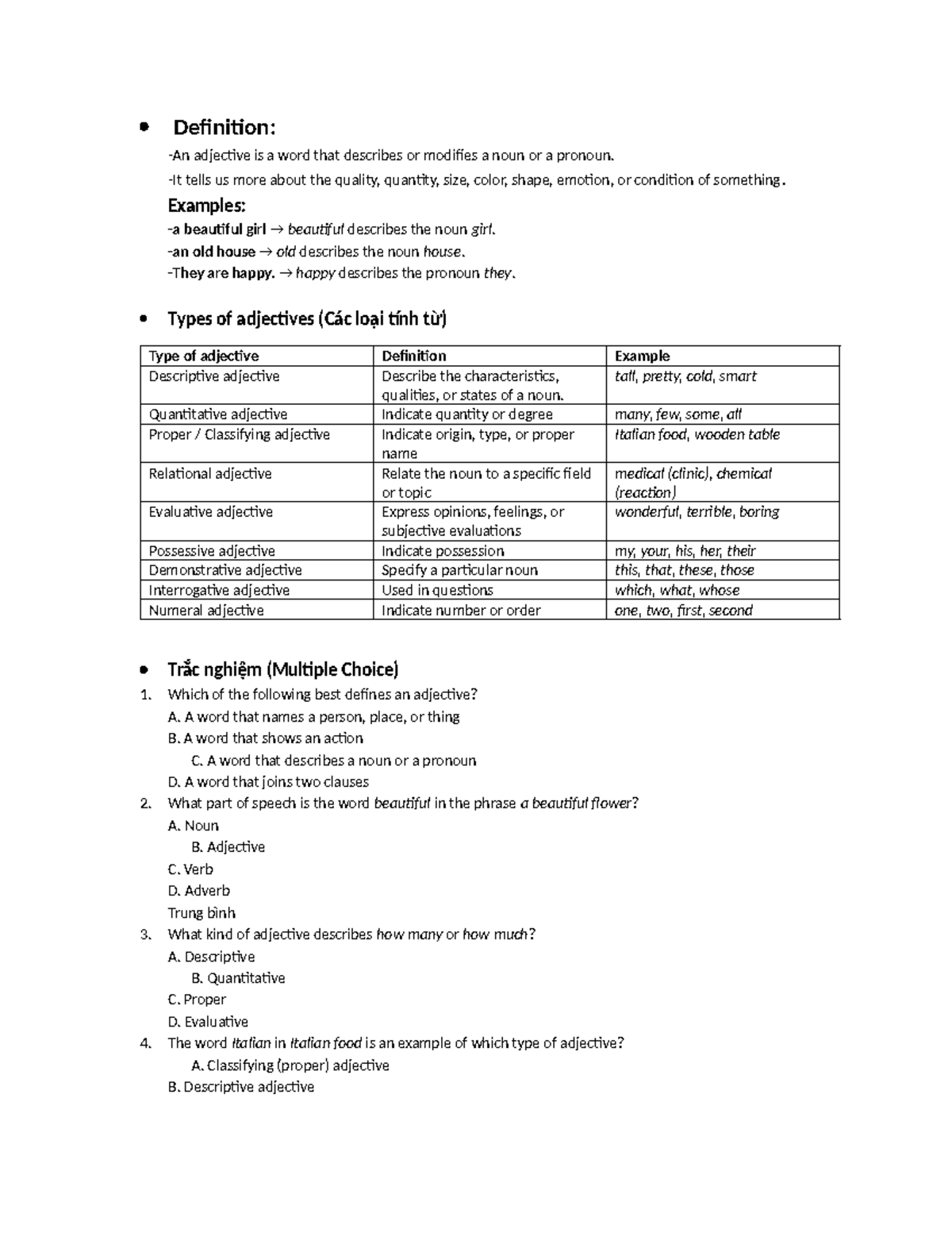 Core Definition: Adjectives and Their Types - English Test Guide - Studocu