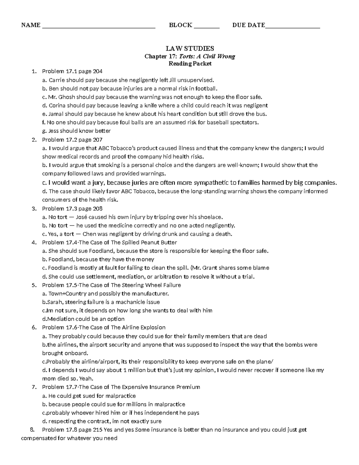 LAW STUDIES Chapter 17: Torts Reading Questions & Problems - Studocu