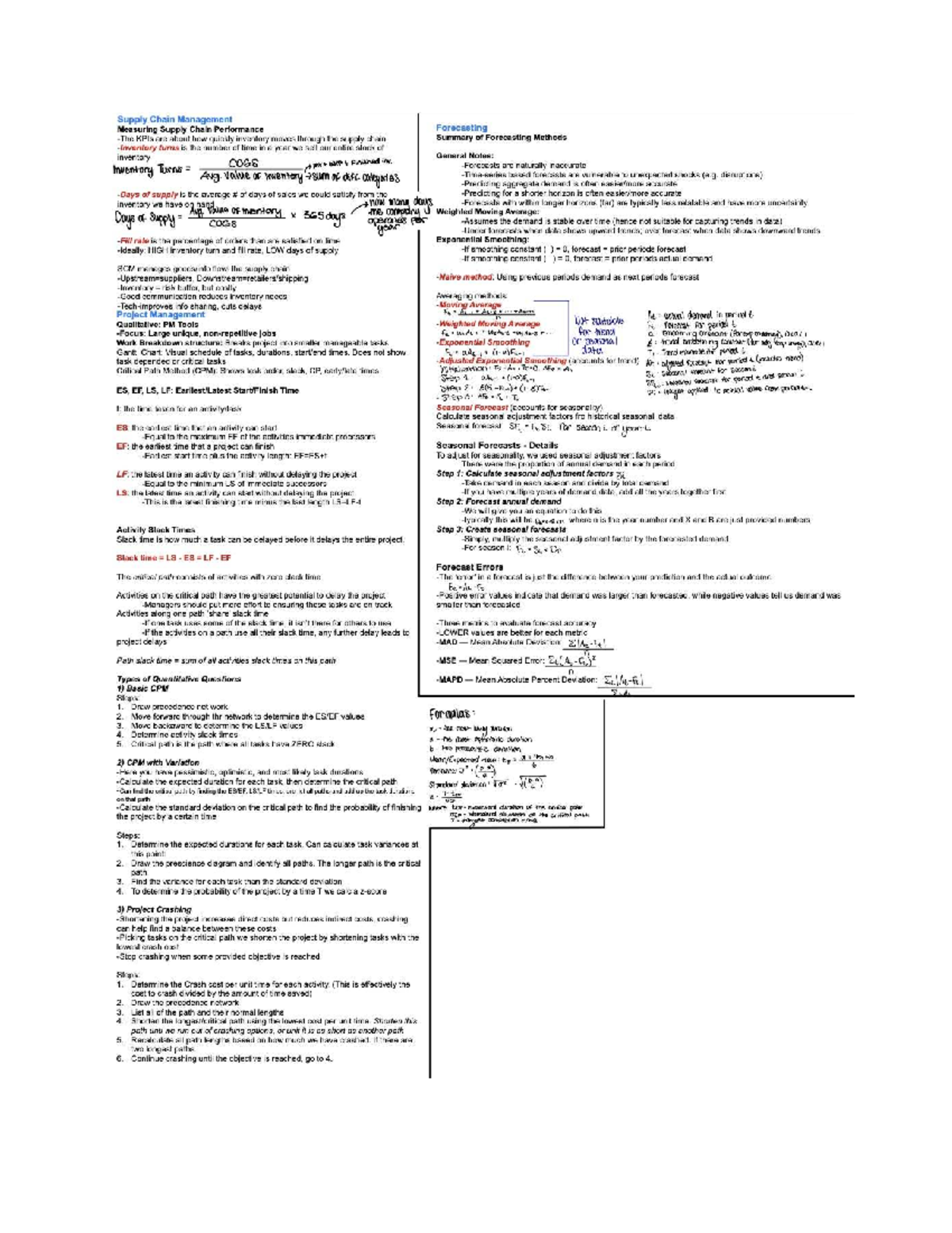 BU375 Final Exam Cheat Sheet: Supply Chain Performance & Forecasting ...