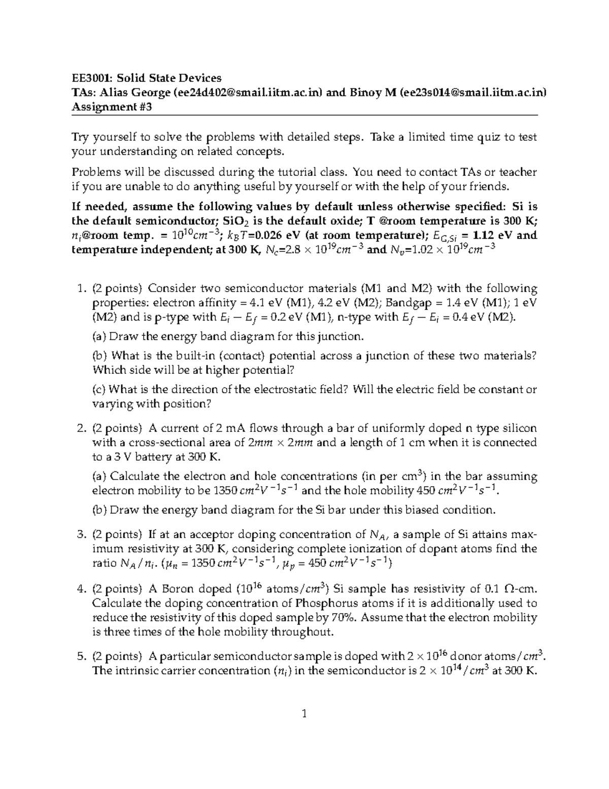 EE3001: Solid State Devices - Tutorial 3 Assignment on Semiconductor ...