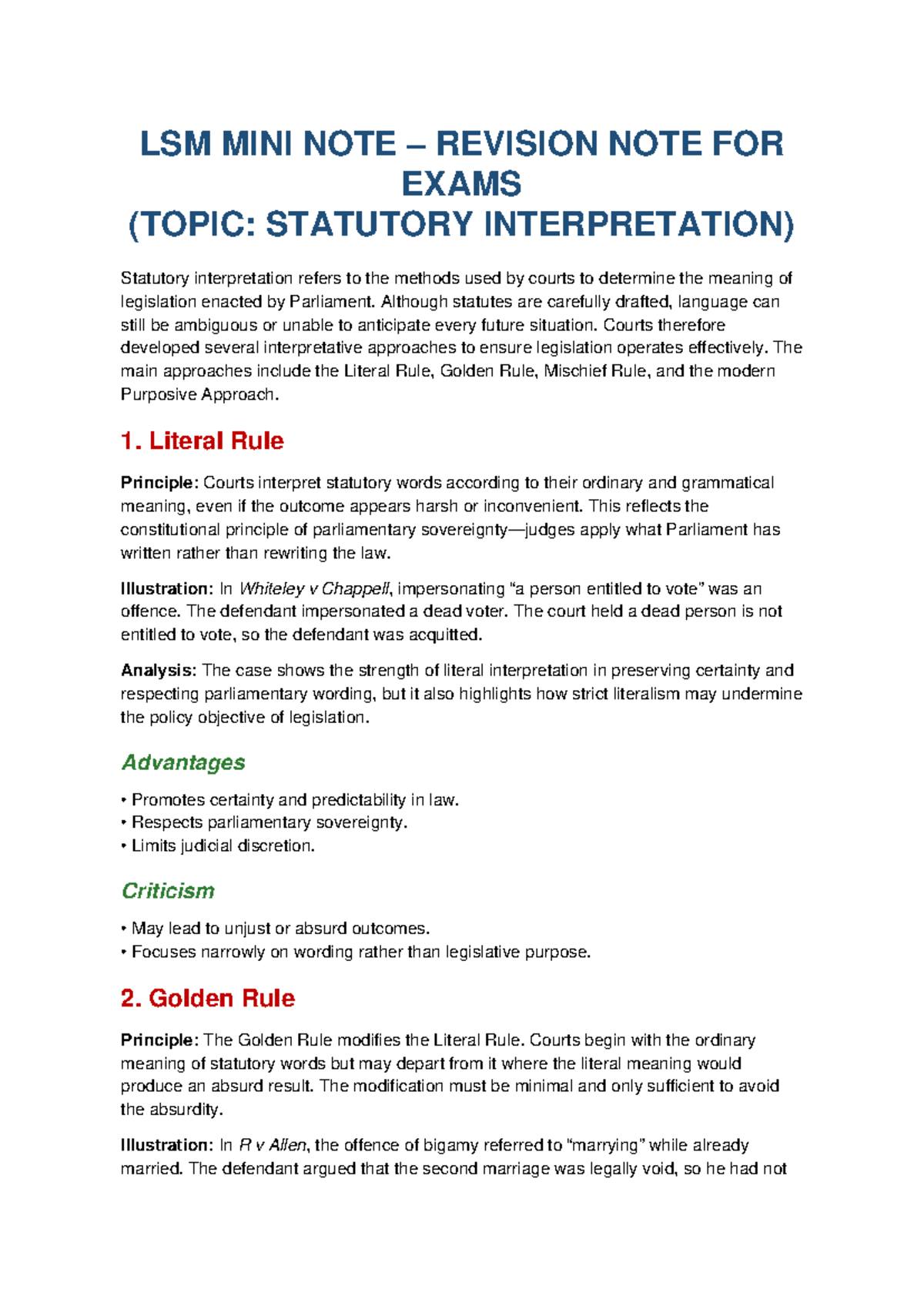 LSM Mini Notes: Statutory Interpretation for Exams - Studocu