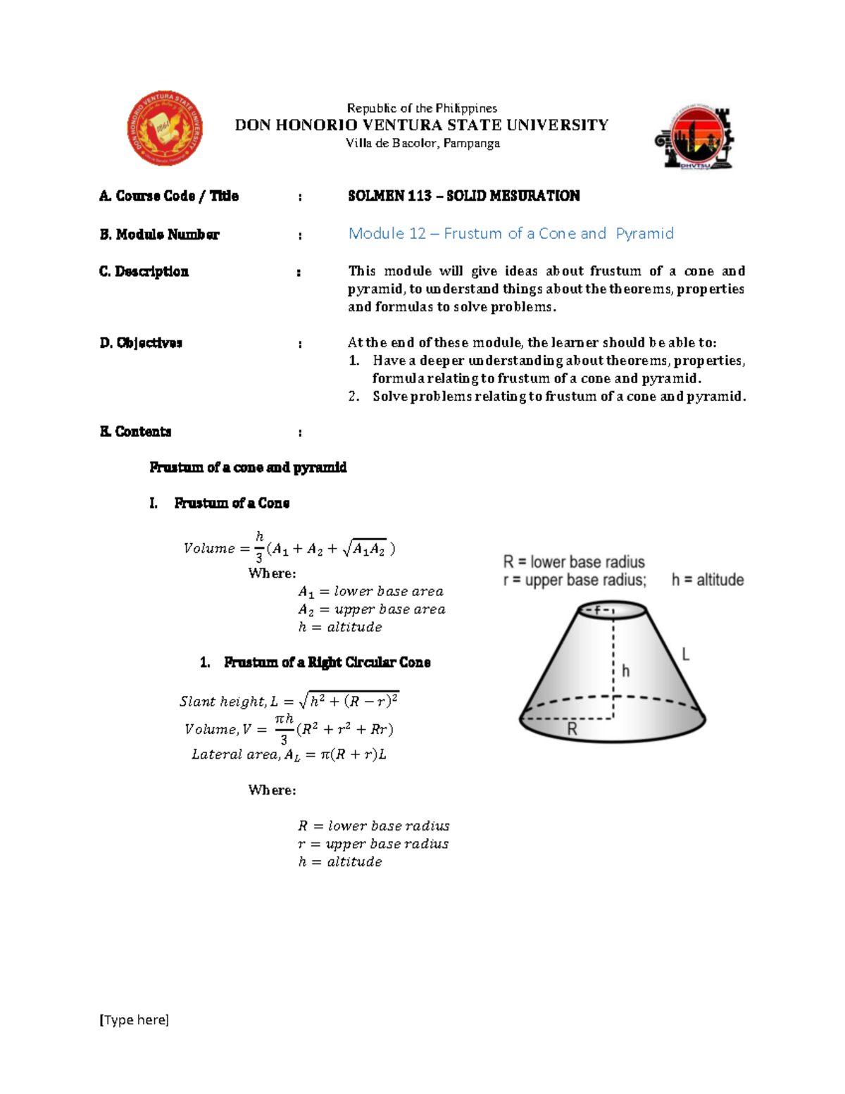SOLMEN 113 Module 12: Frustum of Cone and Pyramid Concepts - Studocu
