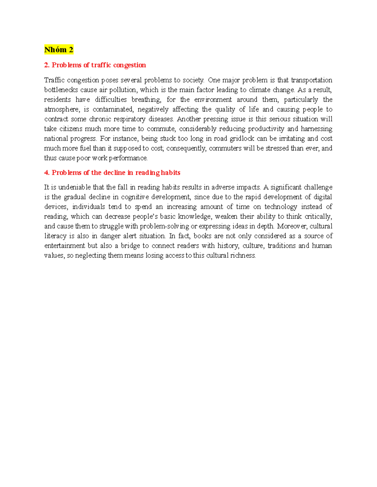 5.Nhóm 2 - Essay on Traffic Congestion & Decline in Reading Habits ...