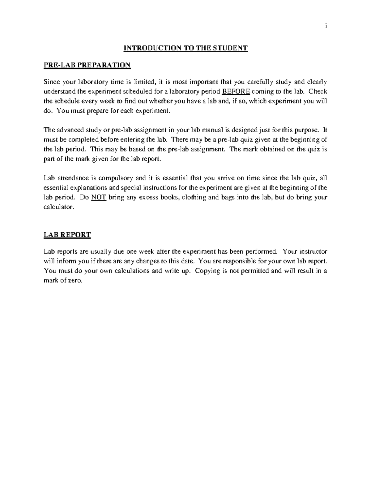 Lab Manual Introduction F23 - i INTRODUCTION TO THE STUDENT PRE-LAB ...