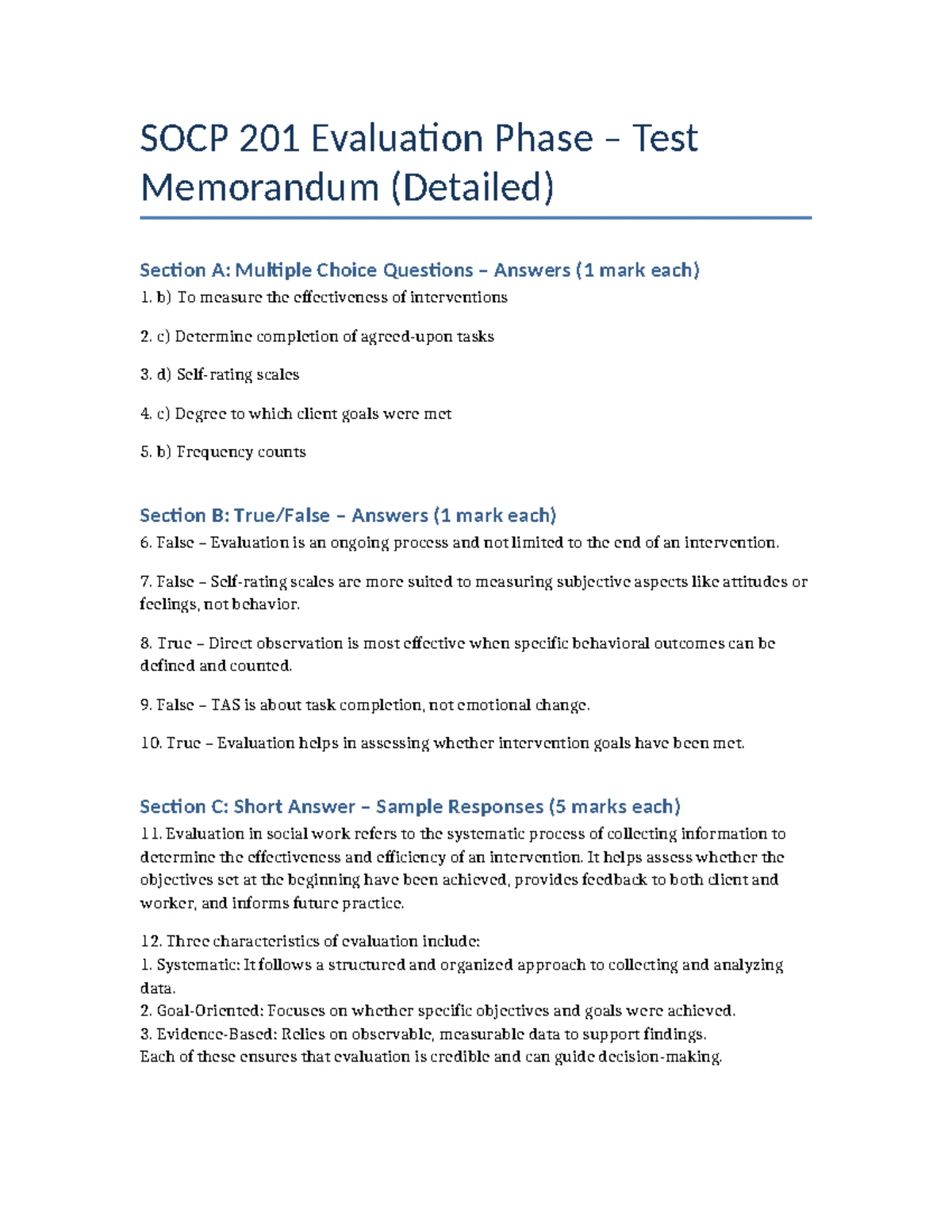SOCP 201 Intervention Phase Test Memorandum: MCQs & Short Answers - Studocu