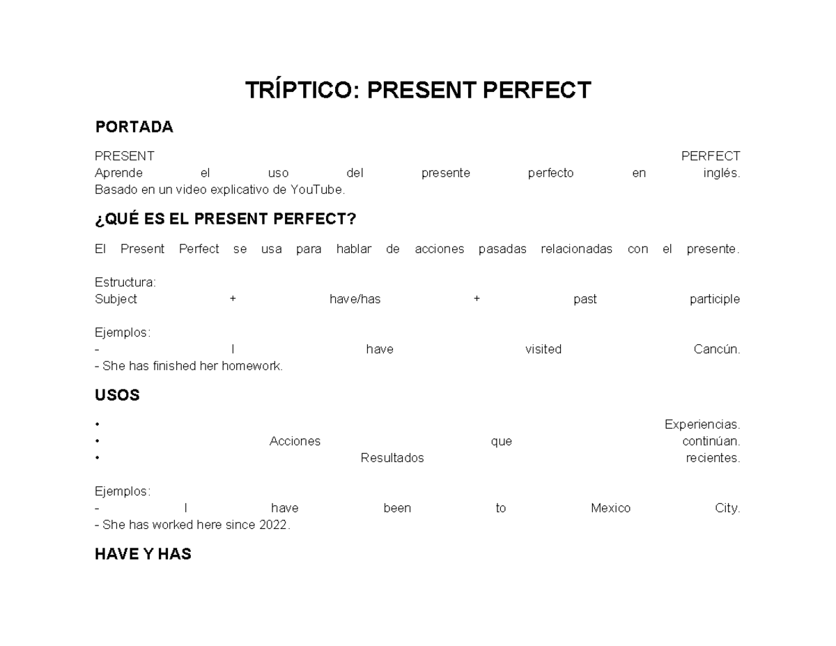 TRÍPTICO: USO DEL PRESENT PERFECT EN INGLÉS - Studocu