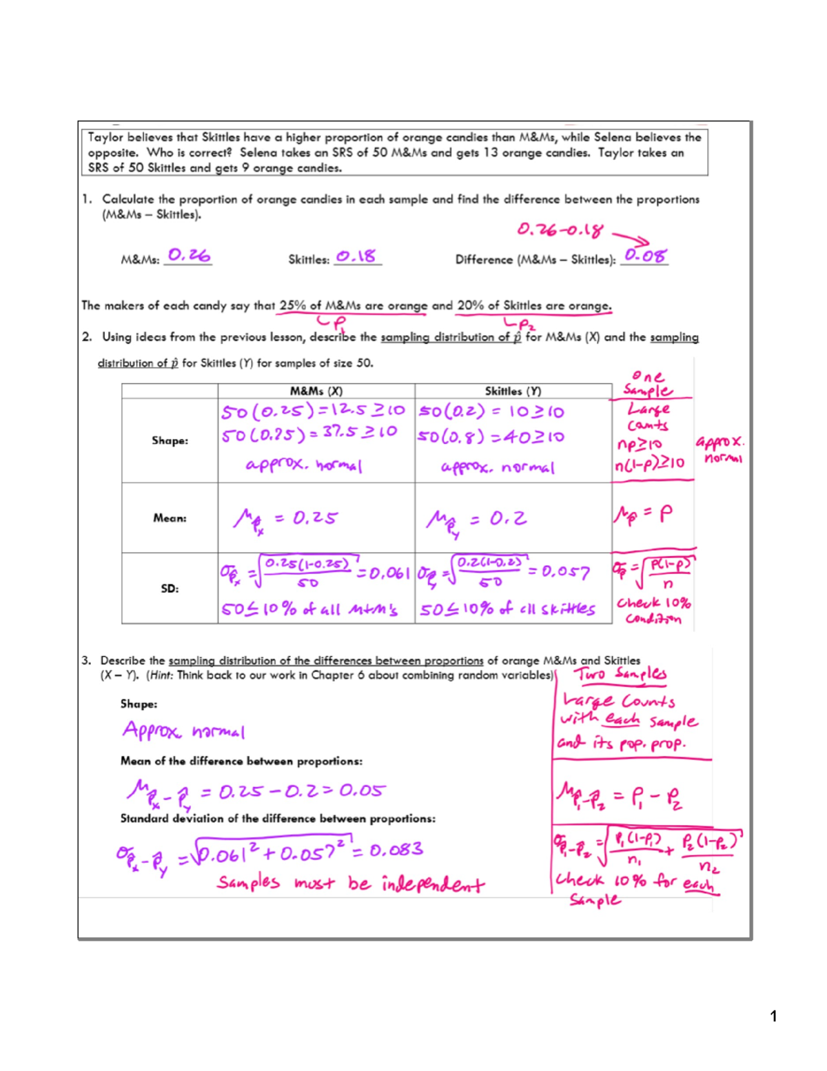Section 7-2 Notes Part 2: Comparing Proportions of Orange Candies and ...