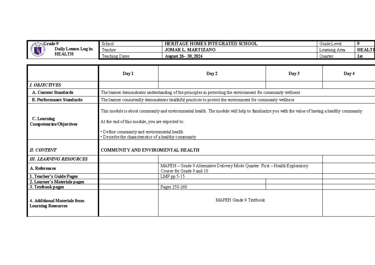 Grade 9.docx 2024 - Grade 9 Daily Lesson Log in HEALTH School HERITAGE ...