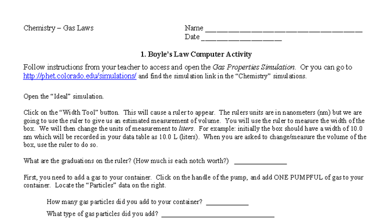 Boyle's Law PhET Computer Activity - Exploring Gas Properties - Studocu