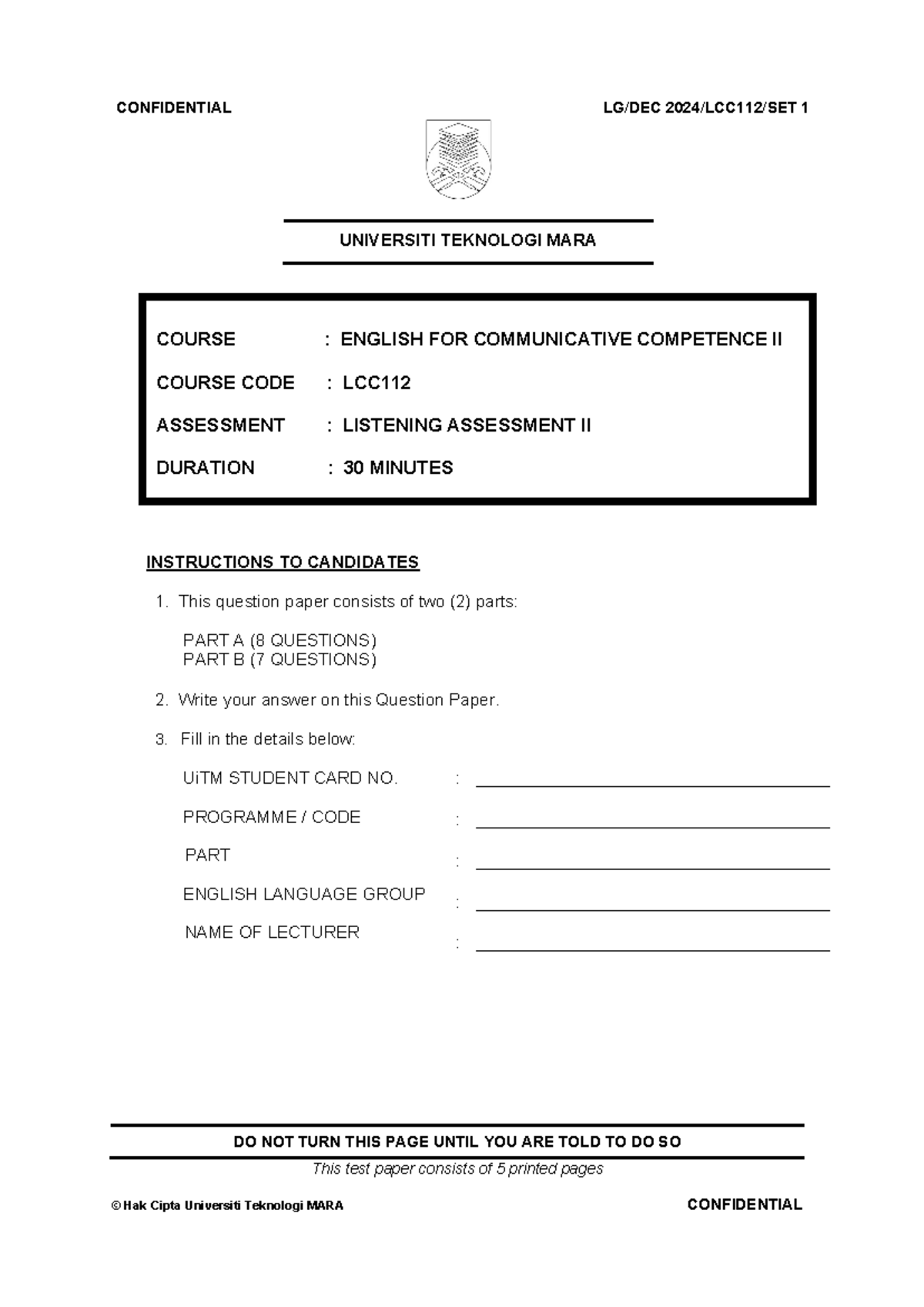 LCC112 Listening Assessment II DEC 2024 SET 1 Question Paper - Studocu