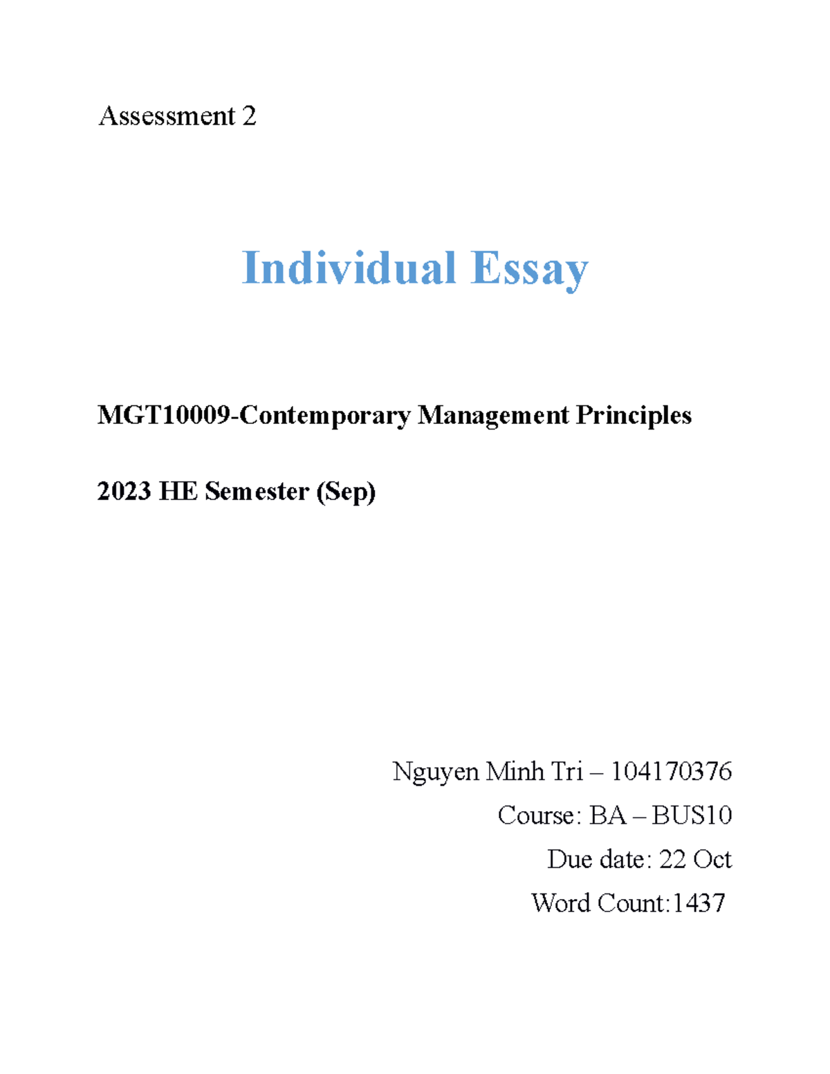 Assessment 2 Individual Essay Nguyen Minh Tri - Assessment 2 Individual ...